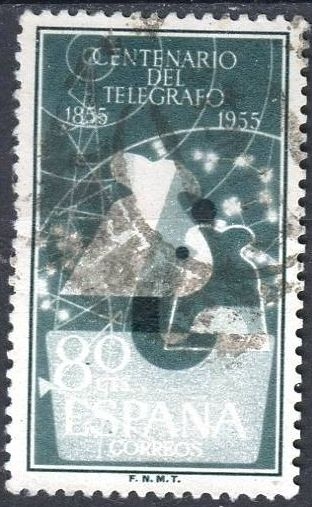 z vendido España 1955 1181 Sello º I Centenario del Telégrafo 80c Timbre Espagne Spain Spagna